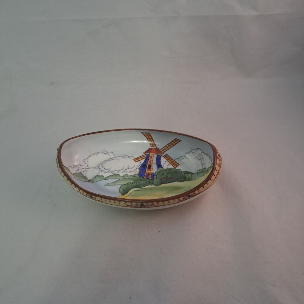 Nippon Hand Painted Porcelain Boat Shaped Dish Windmill Scene Accent